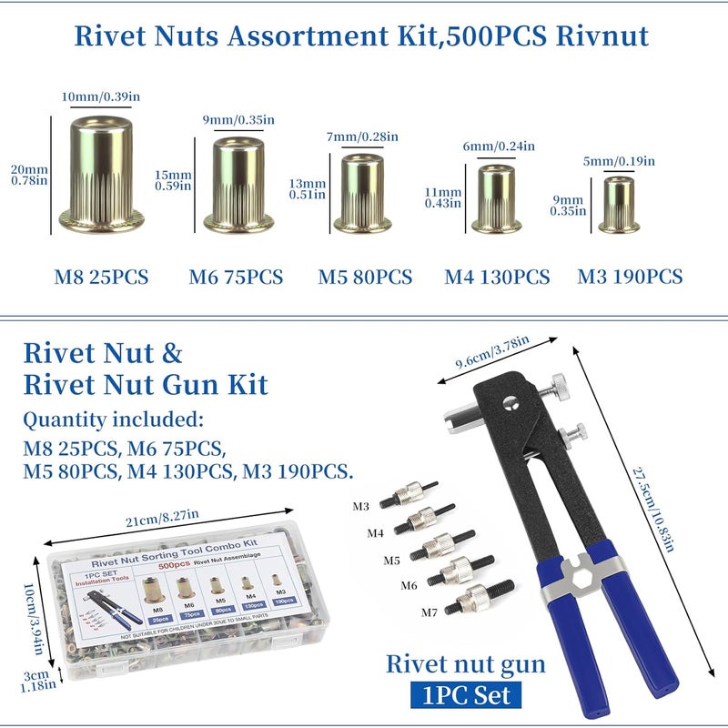 AOSHIDA Rivet nut Tool kit,rivnut Tool,500Pcs Metric Rivet Nut Combination (M3/M4/M5/M6/M8) Nutsert Tool kit，Suitable for Automotive, Marine, Decoration, Furniture, Industry, Rivet nut Set - Image 2